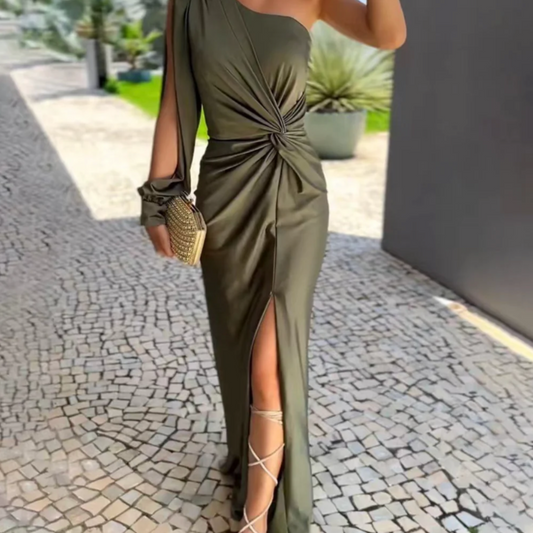 OPALINE™ ROBE LONGUE FENDUE ÉPAULE DÉNUDÉE